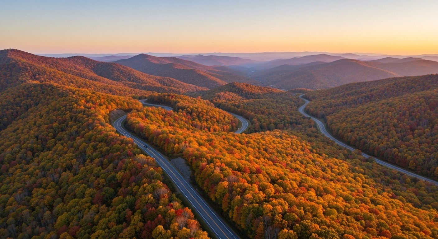 Early fall color spreading across layered ridgelines seen from a Blue Ridge Parkway overlook in Western North Carolina.