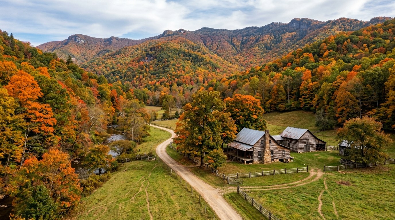 Golden and red autumn foliage blankets the historic Cataloochee Valley in Haywood County, North Carolina.