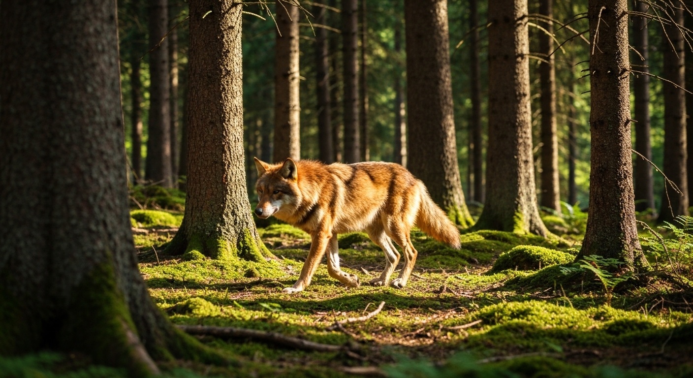 A red wolf standing alert in a wooded clearing in eastern North Carolina, part of the state's endangered wild population.