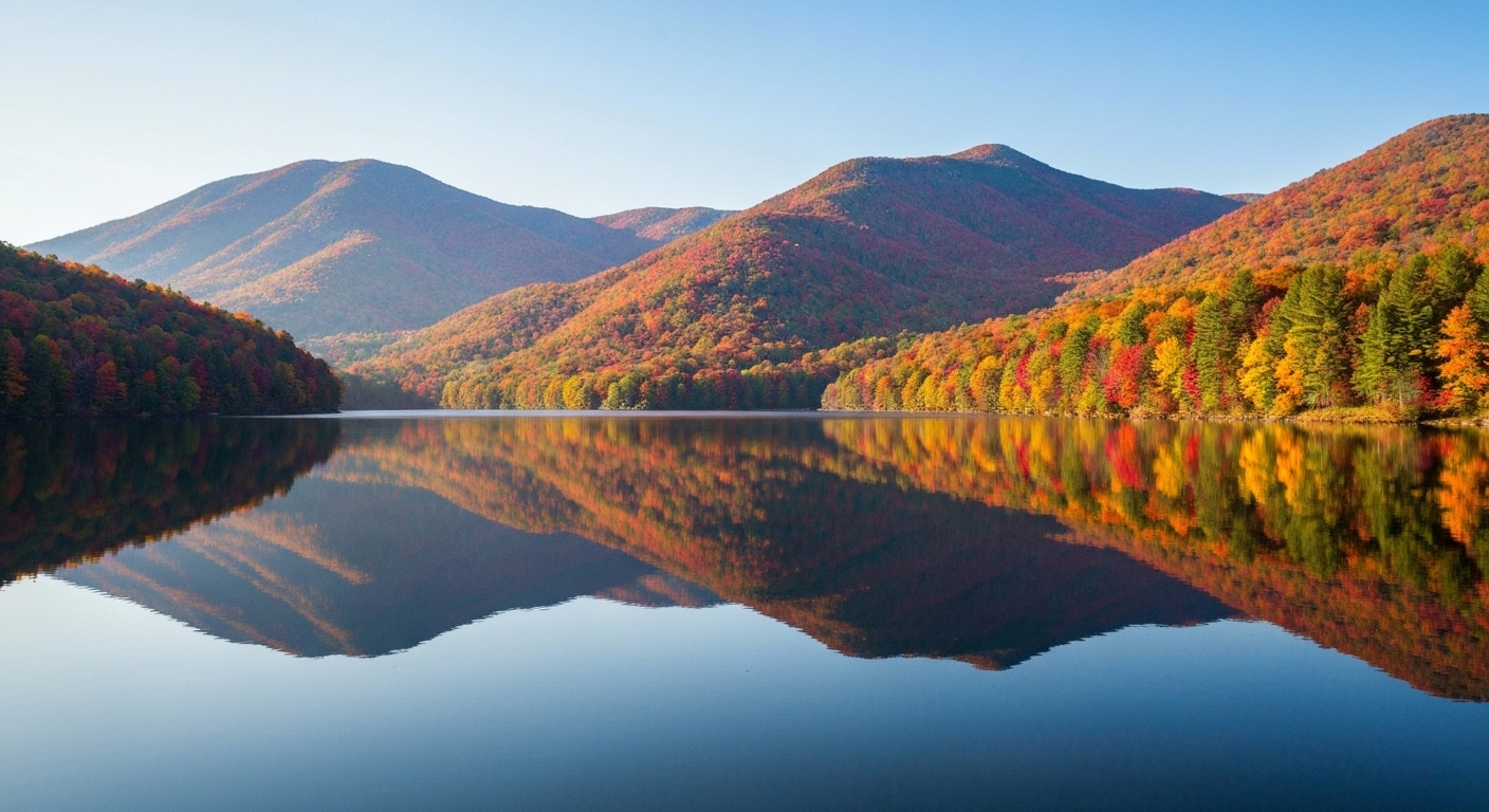 Morning light over Lake Junaluska in Haywood County with surrounding mountains reflected on the calm water surface.