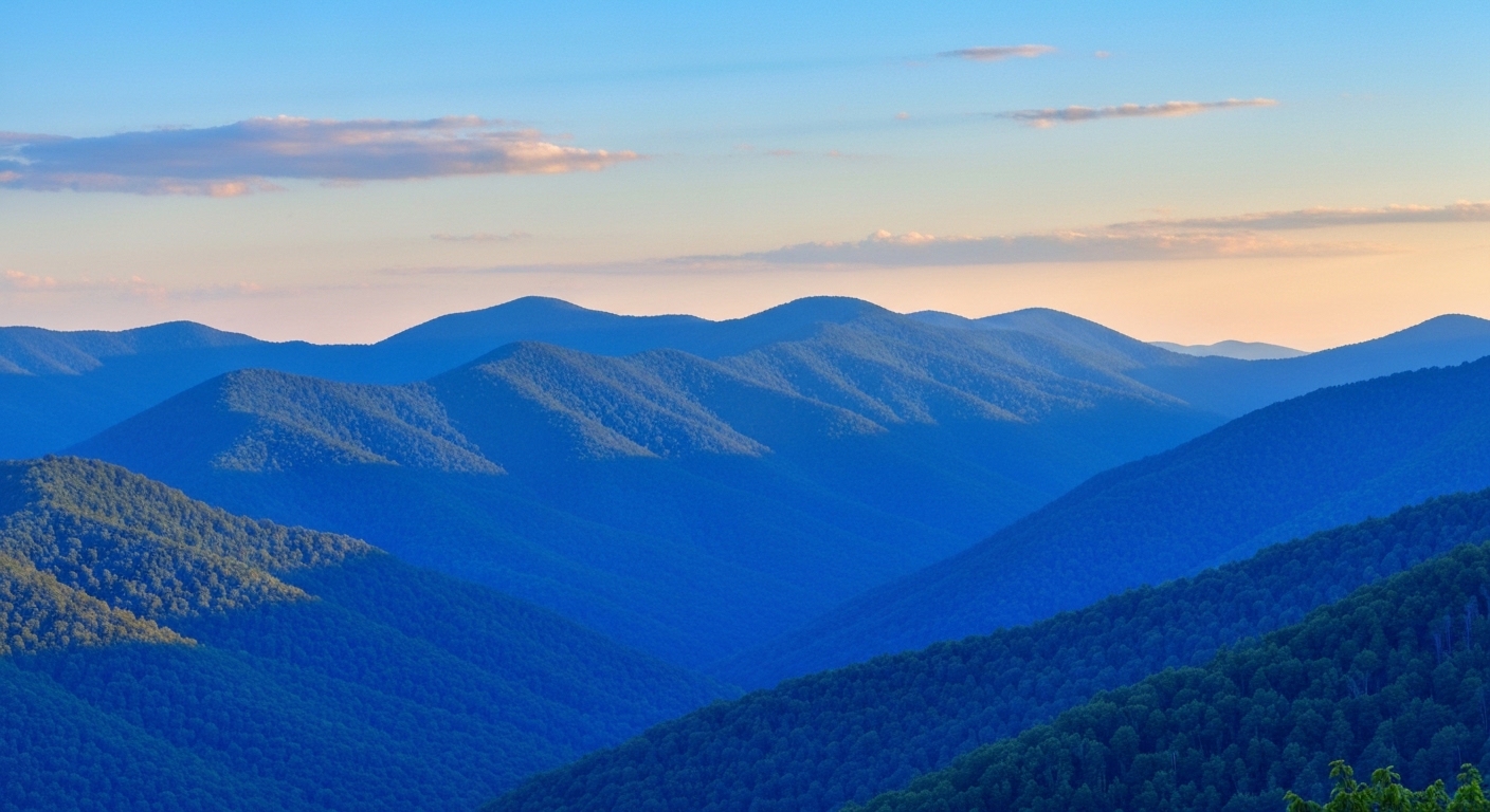 Golden summer evening light over the Blue Ridge Mountains near Asheville, North Carolina, with layered ridgelines fading into haze.