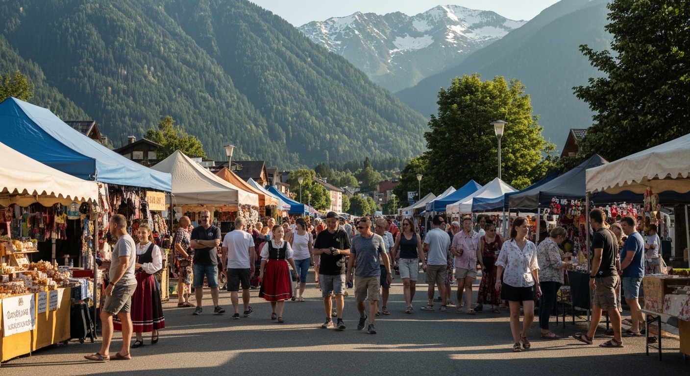 street festival vendors crowd summer mountains