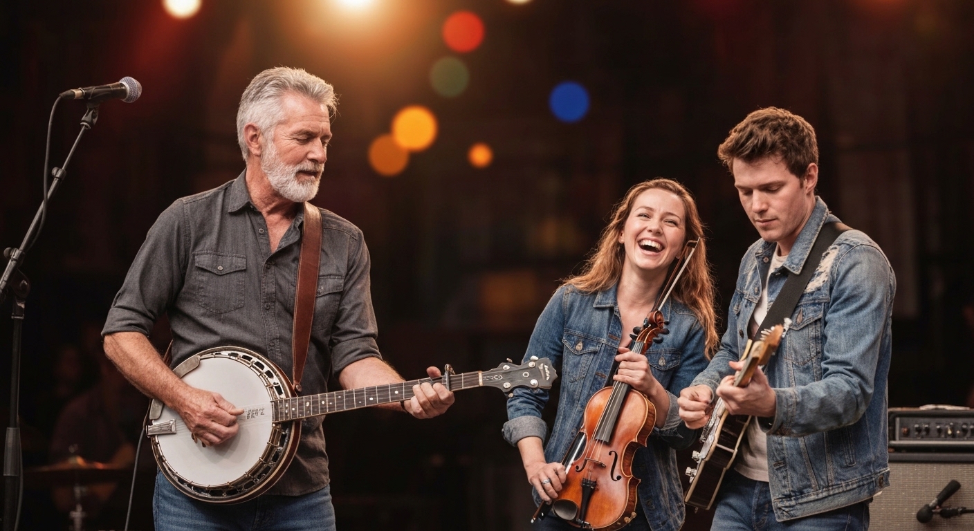 A bluegrass string band performing on stage during a summer concert at a small mountain venue in Western North Carolina.
