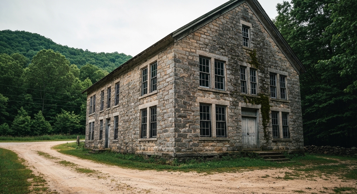 A restored early 1900s stone schoolhouse now serving as a cultural arts center in the Stecoah Valley near Robbinsville, North Carolina.