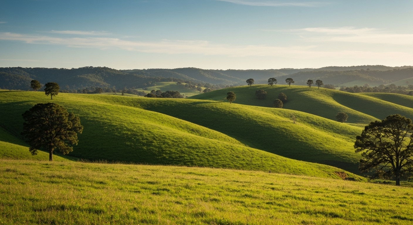 Rolling green pasture and grazing cattle in the Blue Ridge foothills of Polk County, North Carolina, at golden hour.
