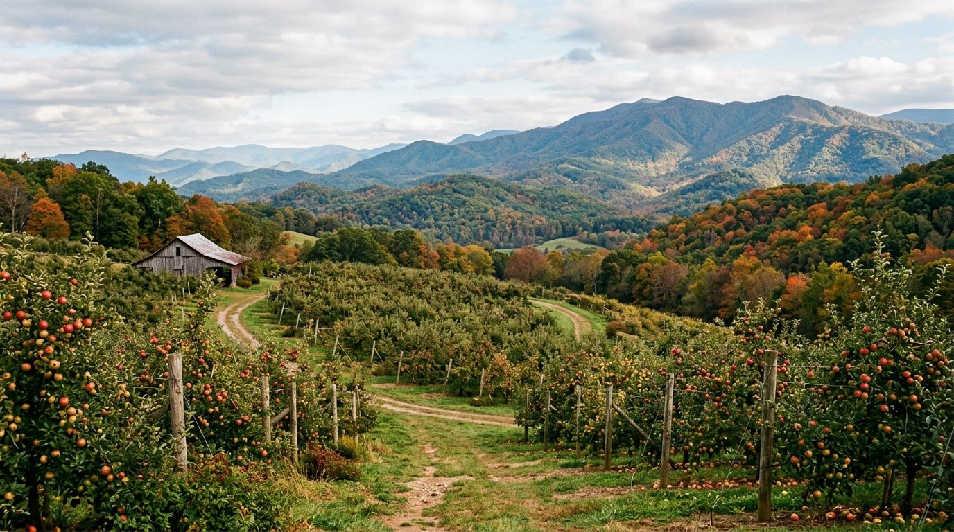 Rows of apple trees heavy with red fruit on a hillside orchard in the North Carolina mountains.