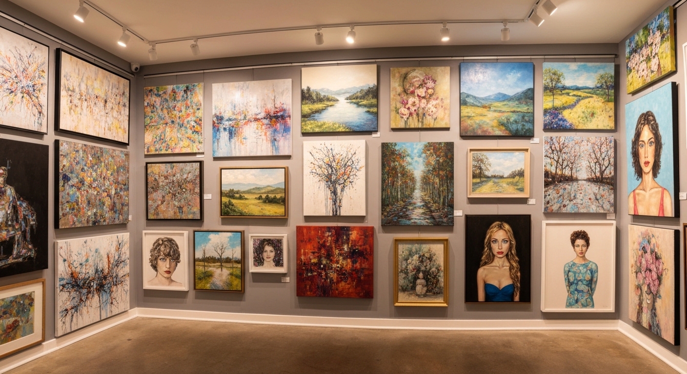 Original paintings displayed on the walls of a downtown Asheville fine art gallery interior.