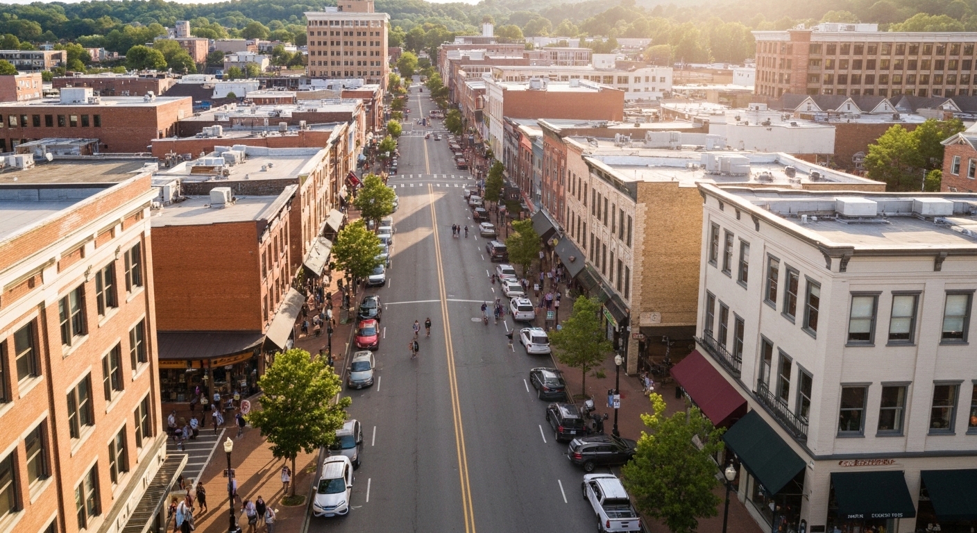 Storefronts and pedestrians along Patton Avenue in downtown Asheville on a clear weekday morning.