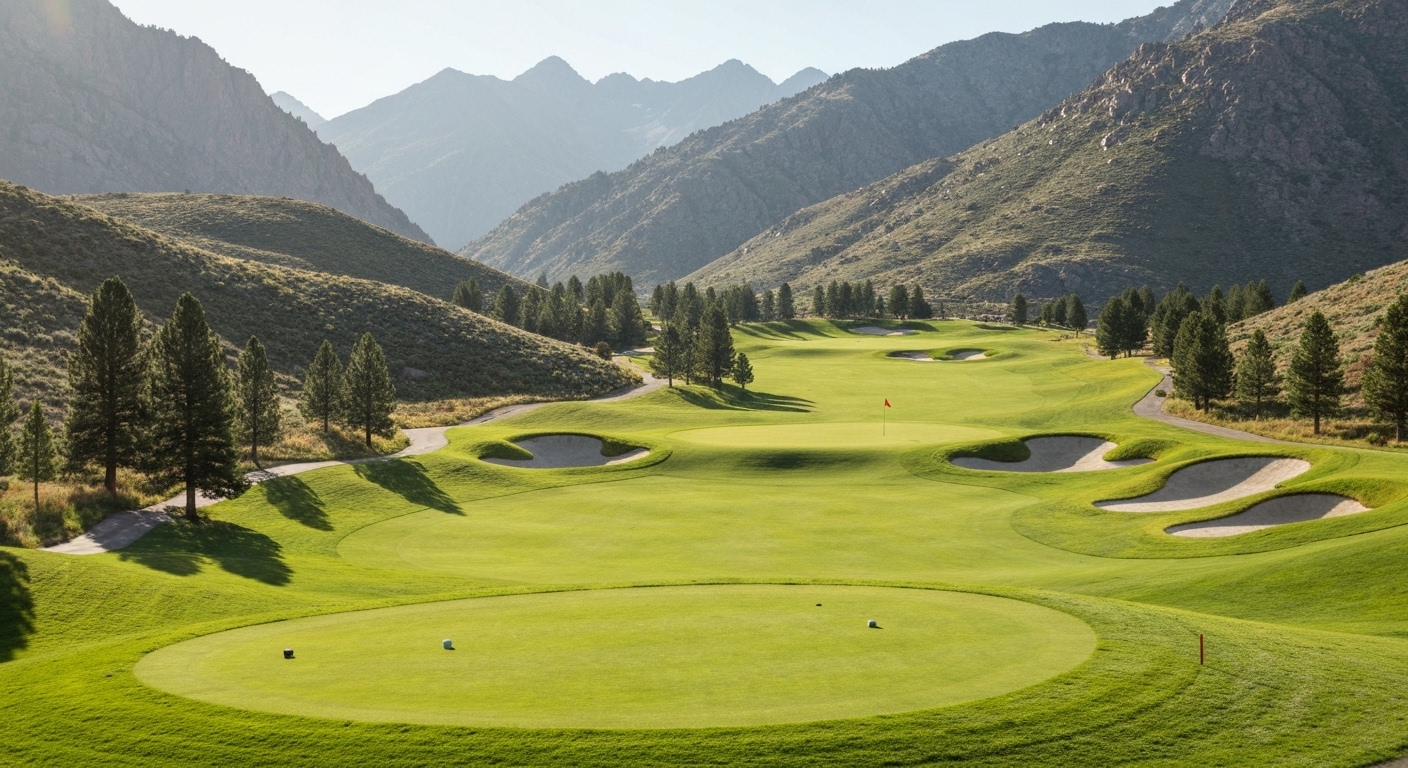 A fairway winding through a forested valley beneath Blue Ridge ridgelines near Arden, North Carolina.