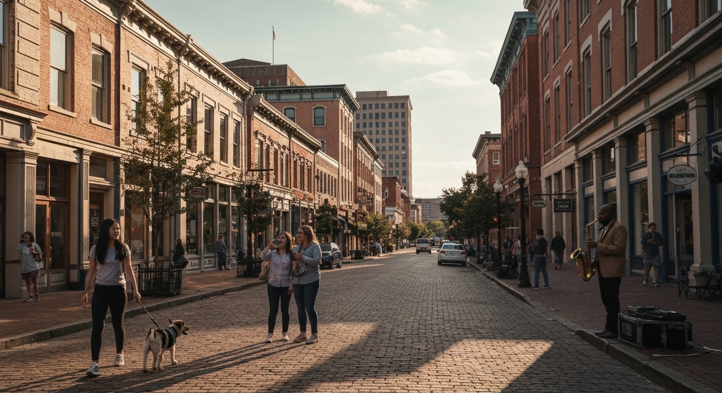 Historic brick storefronts and restaurant patios along a downtown Asheville street in the Blue Ridge Mountains of North Carolina.