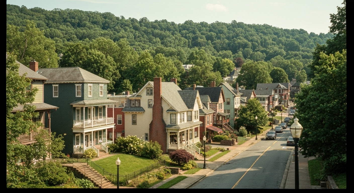 The historic 1917 Grovewood Village buildings with pebble walls near the Grove Park Inn in North Asheville.