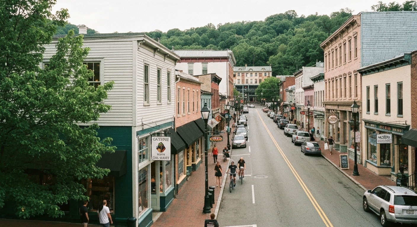 Storefronts and sidewalk seating along Haywood Road in the West Asheville neighborhood on a summer afternoon.