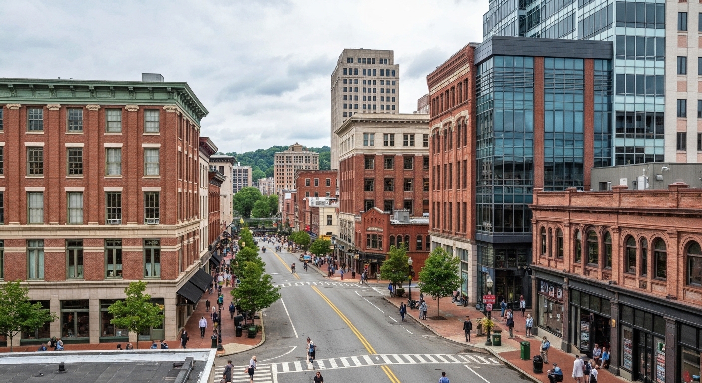 The curving pedestrian block of Wall Street in downtown Asheville lined with cafes and small shops.