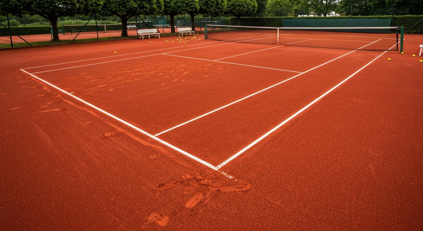 Sunlit red clay tennis courts framed by summer trees at a historic downtown Asheville tennis facility.
