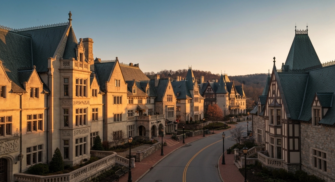 Historic brick storefronts and tree-lined sidewalks in the Biltmore Village district of Asheville, North Carolina, in summer light.