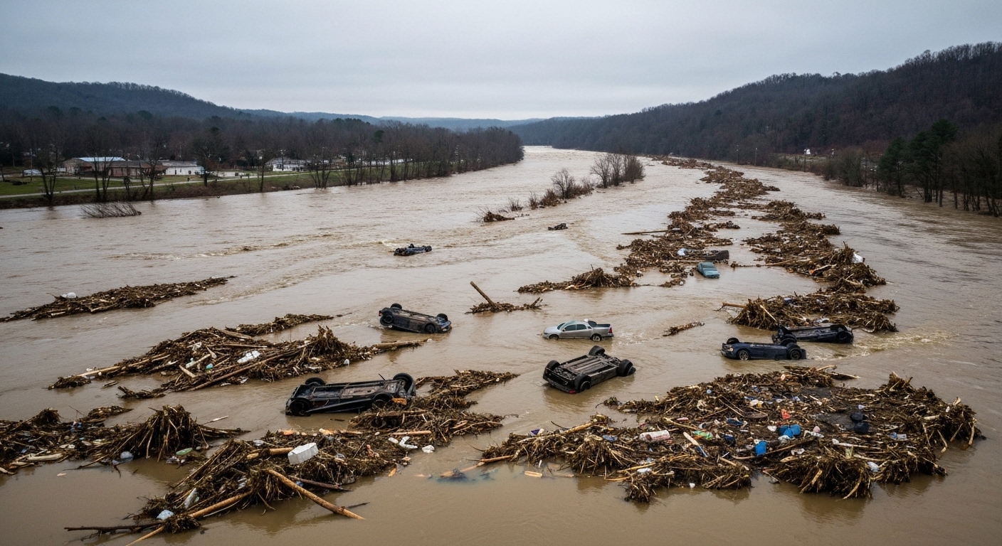 Floodwaters and debris along the French Broad River in Asheville after Tropical Storm Helene in 2024.