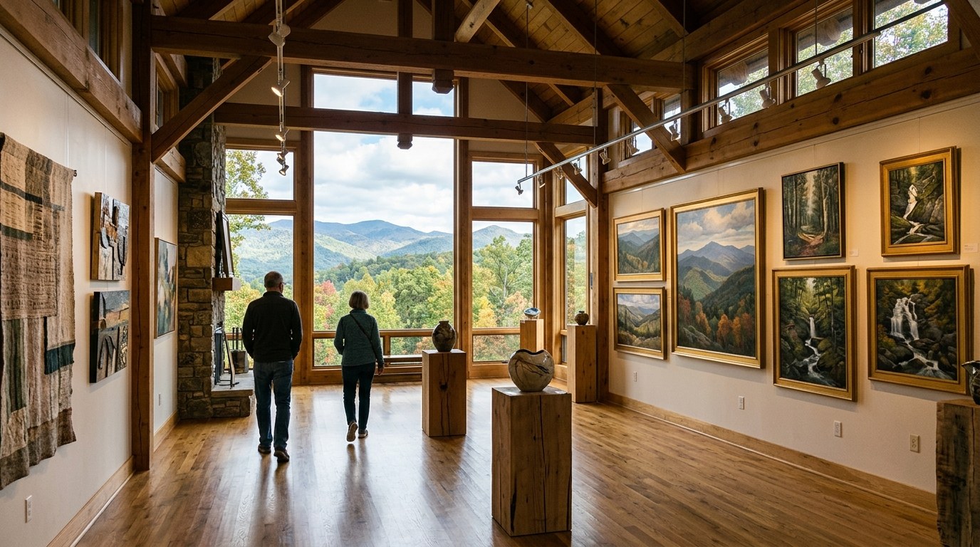 Visitors browsing framed prints inside a small downtown Asheville art gallery on a weekend afternoon.