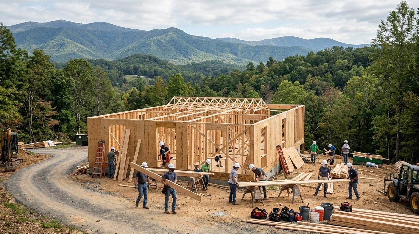 Volunteers framing a new house on a Habitat for Humanity build site in West Asheville.