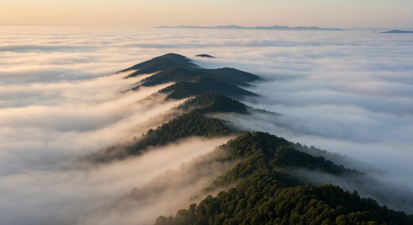 Layered blue ridgelines of the Great Smoky Mountains under morning fog near Waynesville, North Carolina