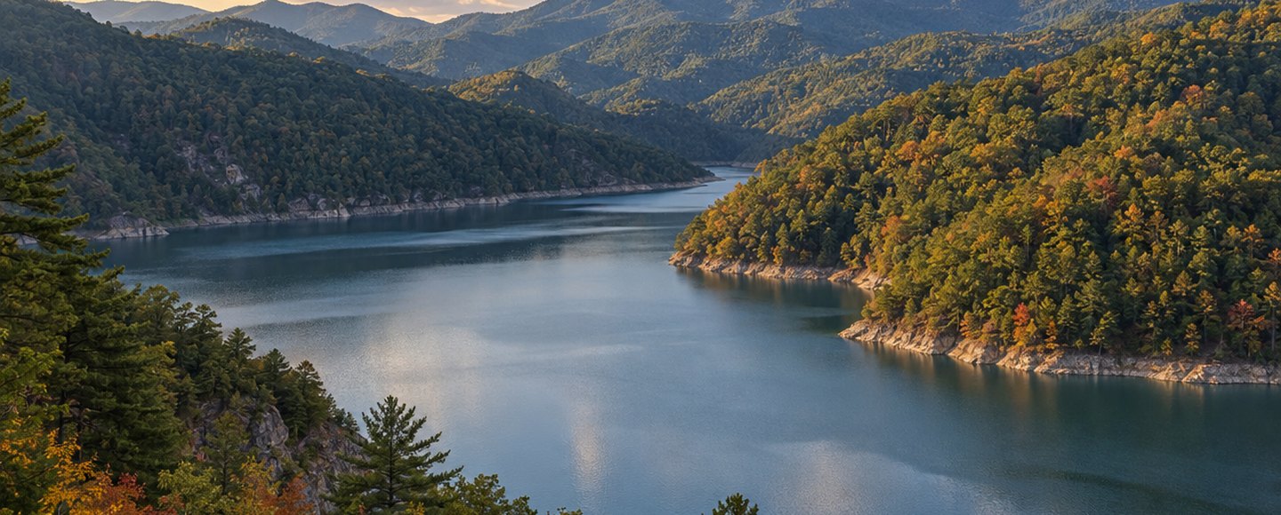 Illustration of a forested mountain reservoir in the Southern Appalachians in early autumn