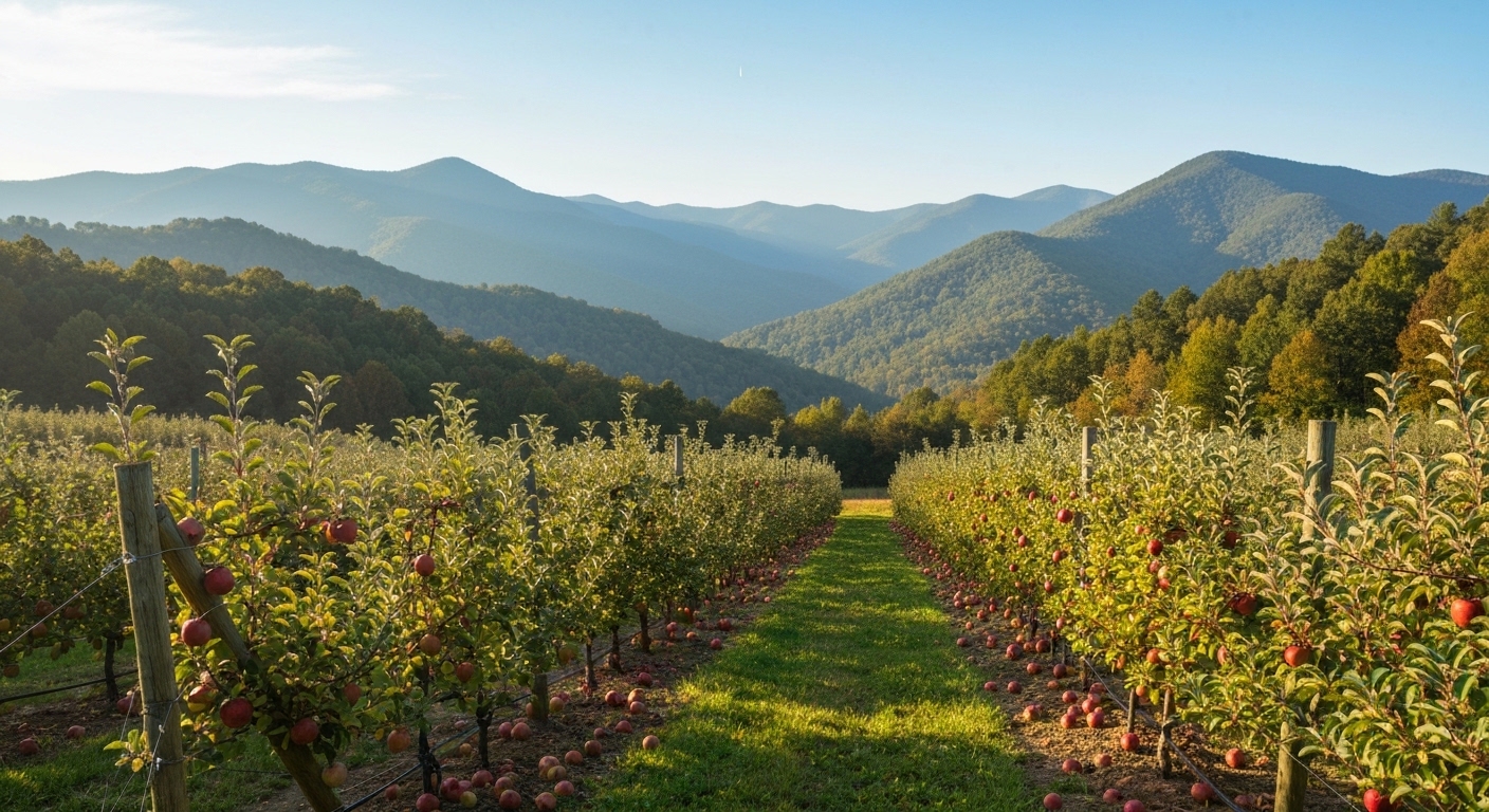 Rows of apple trees on a Henderson County ridgeline with Blue Ridge mountains rising in the autumn distance.