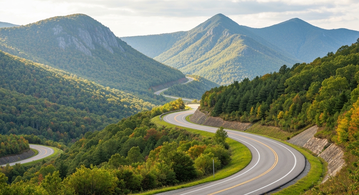 A two-lane road curving through layered forested ridges along the Blue Ridge Parkway in Western North Carolina.