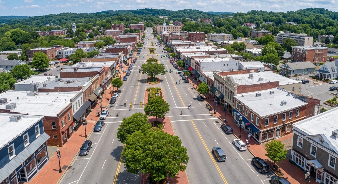 Historic Main Street in downtown Hendersonville, North Carolina with storefronts and tree-lined sidewalks on a clear day.