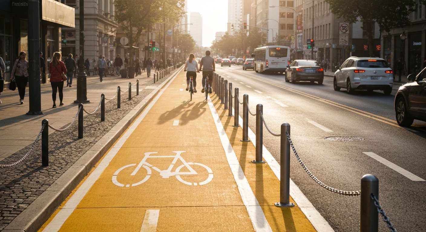 A protected bike lane separated from car traffic along a tree-lined city street in a small mountain town.
