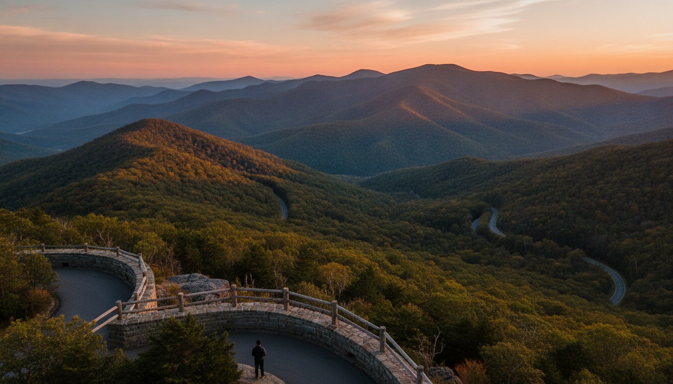 The Blue Ridge Parkway winds along a forested ridge with layered mountain views in western North Carolina.