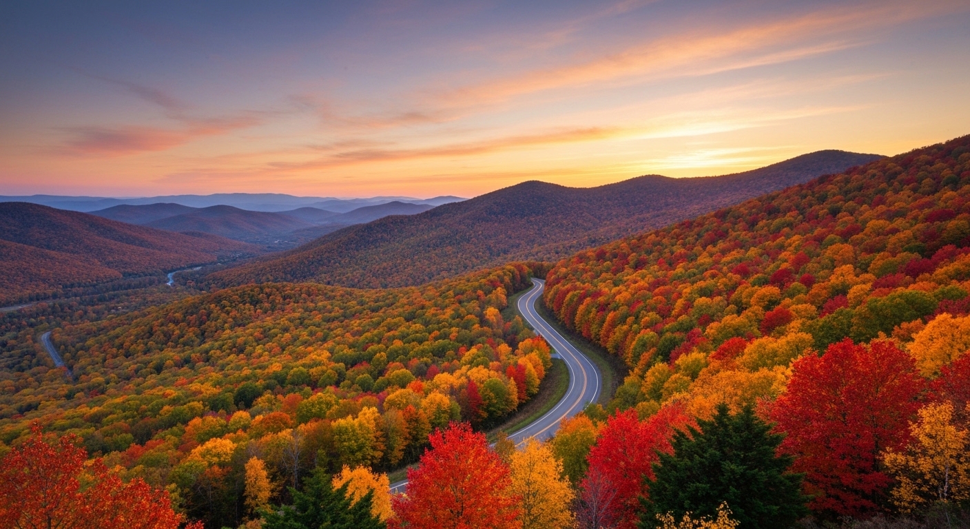 Morning light spilling across layered blue ridges from a Blue Ridge Parkway overlook in Haywood County