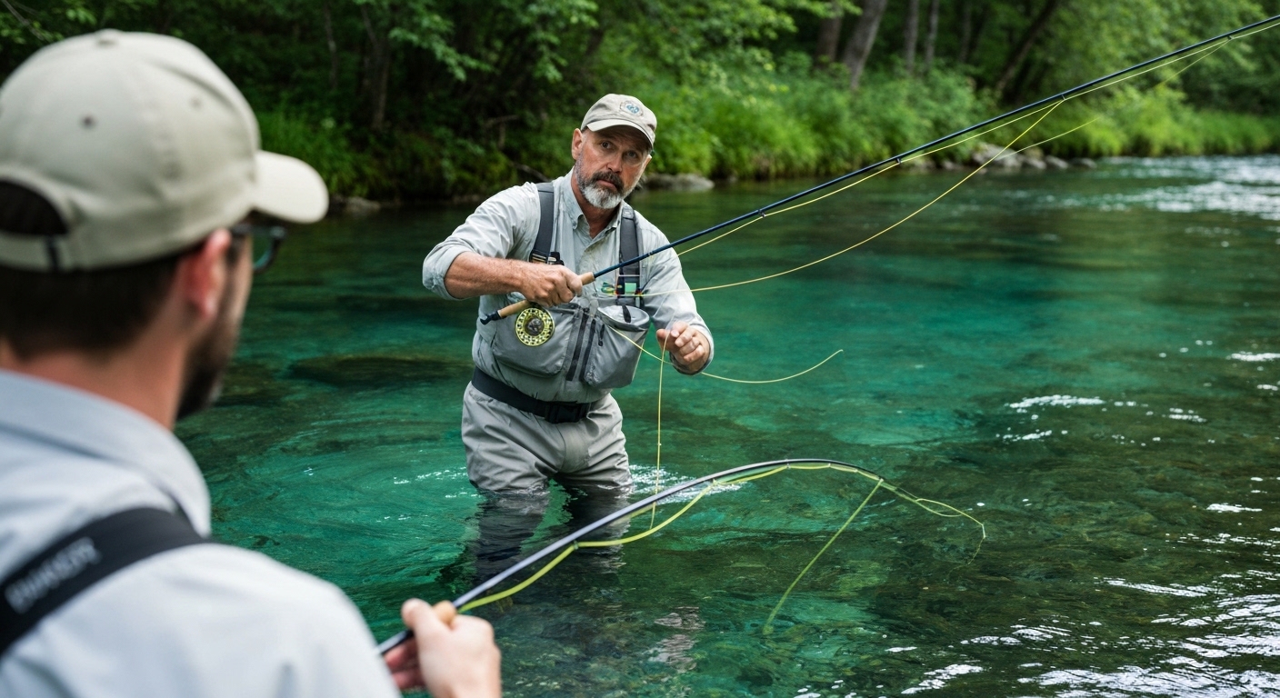 A fly fishing guide nets a trout for a client on a clear mountain stream near Cashiers, North Carolina.
