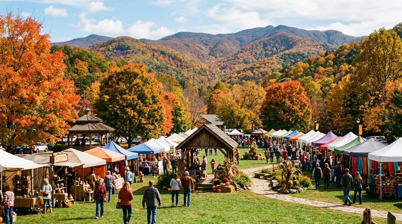 Fall foliage on the mountains surrounding Cashiers, North Carolina.