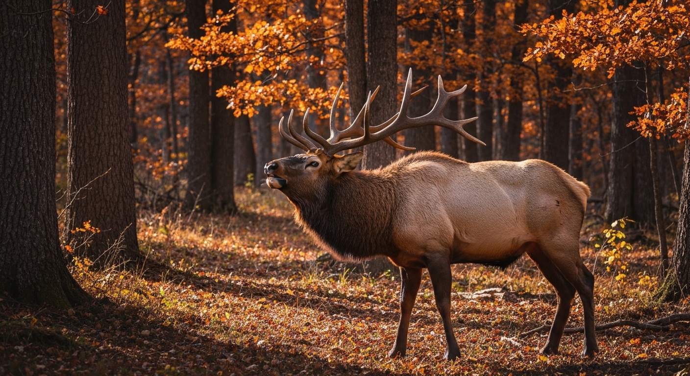 A bull elk bugling with its head raised in a frost-covered autumn meadow during the fall rut.