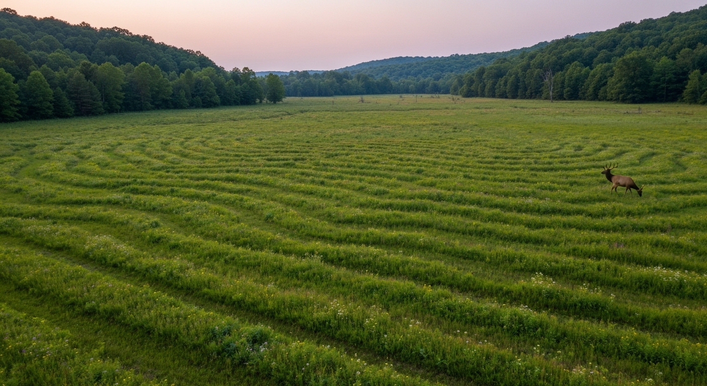 A bull elk grazing in an open meadow at sunrise in Cataloochee Valley, Great Smoky Mountains.