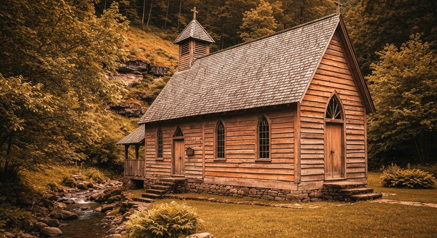 The white Palmer Chapel standing in a green field in Cataloochee Valley, Great Smoky Mountains National Park.