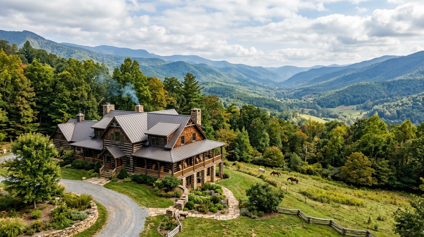 Historic Cataloochee Ranch lodge sitting atop a high mountain ridge near Maggie Valley, North Carolina.