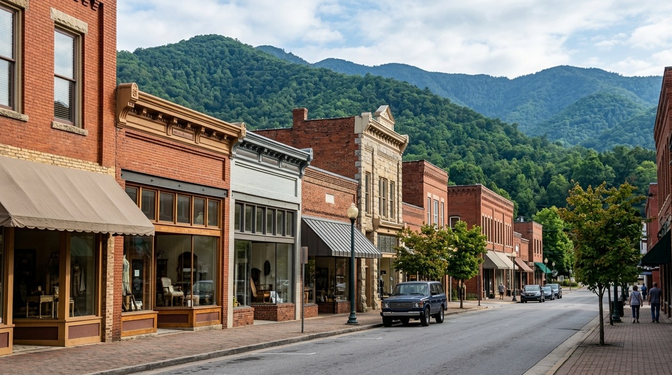 Historic brick storefronts and distant mountain ridges along Main Street in downtown Waynesville, North Carolina.