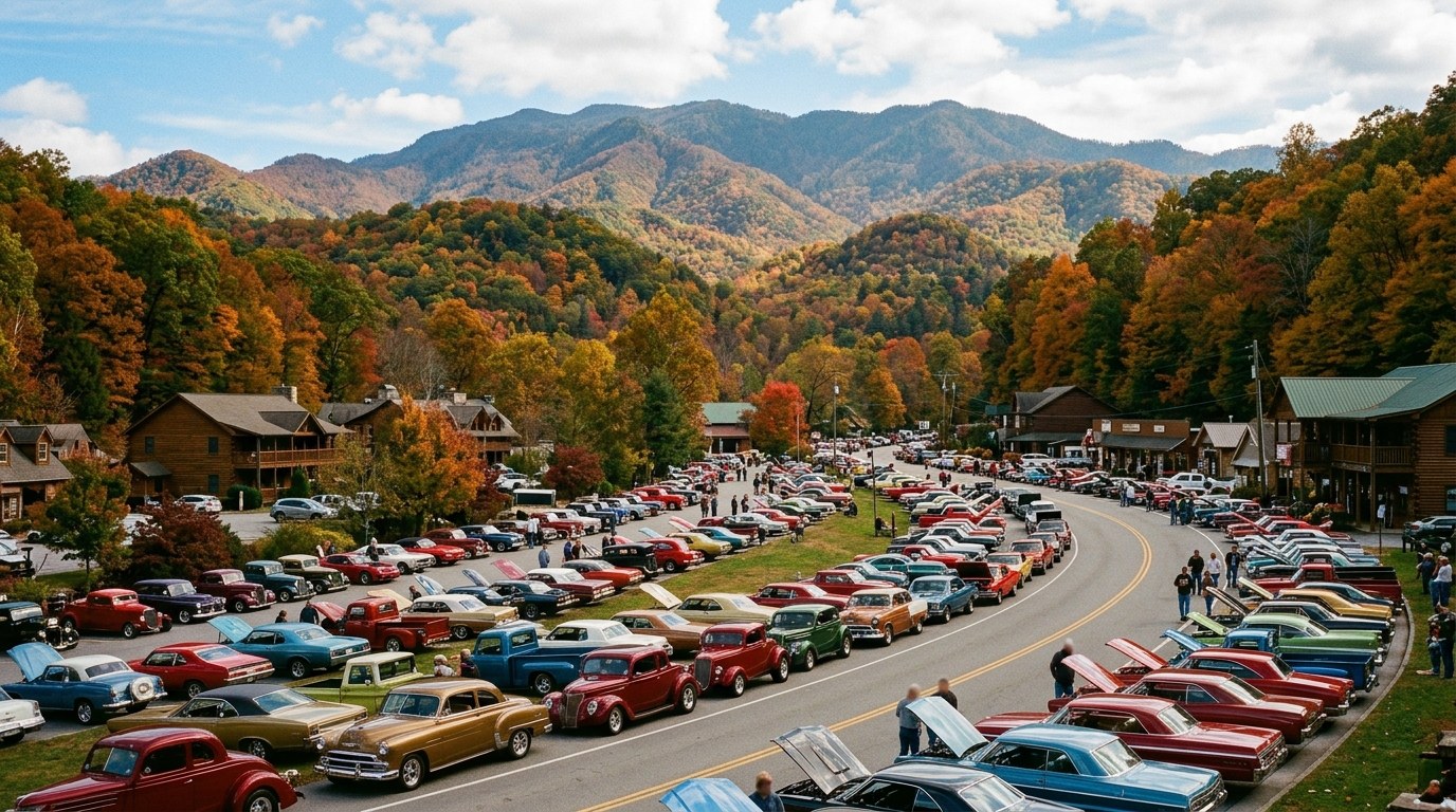 Classic cars on display at a car show.