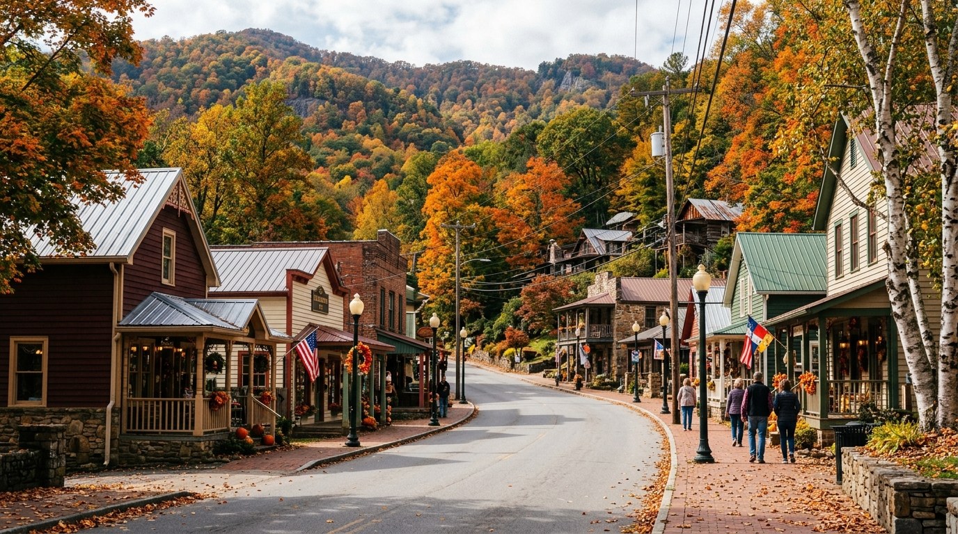Storefronts along a small-town street in early fall color.