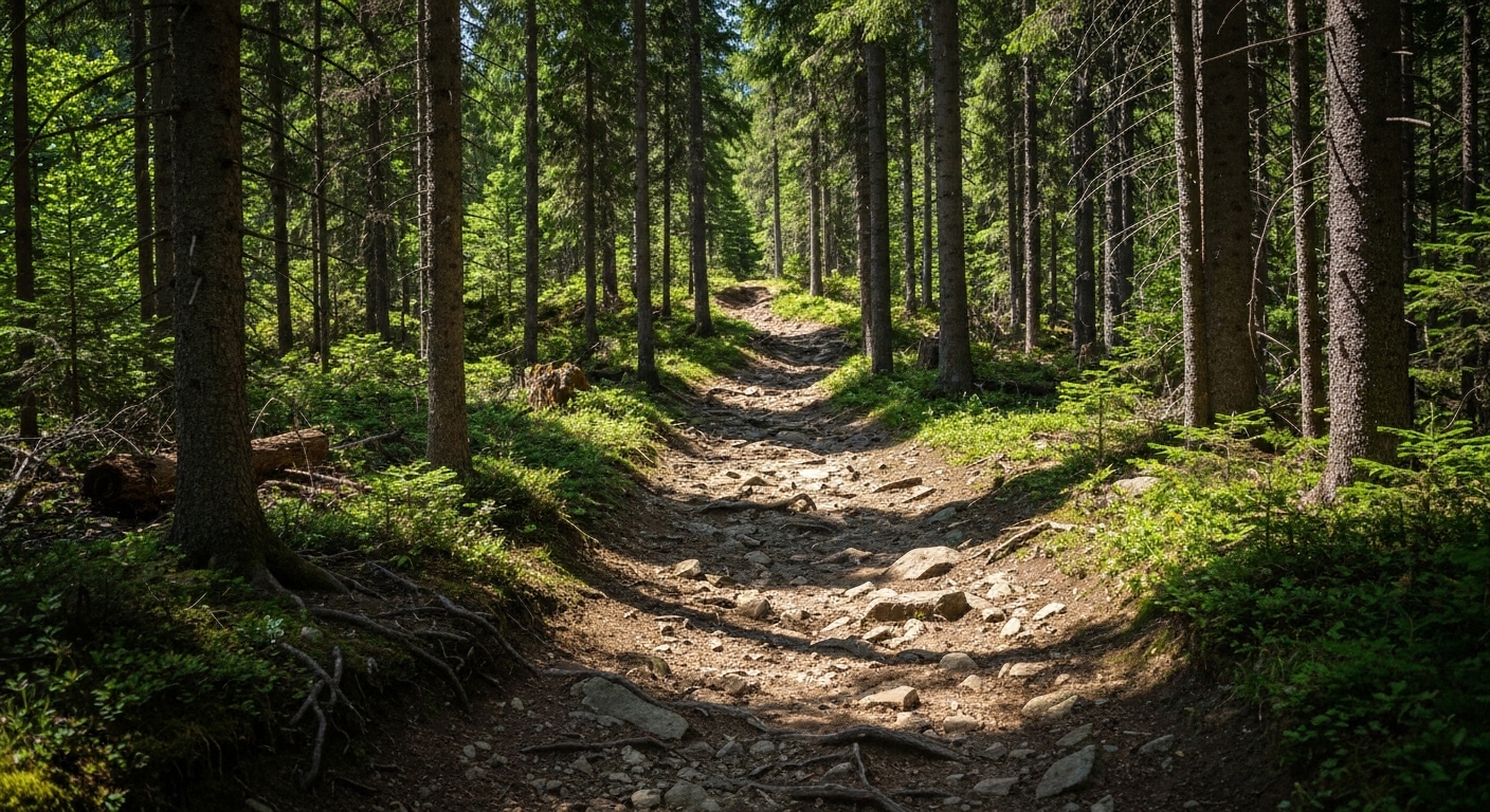 A narrow singletrack trail winding through hardwood forest on Bracken Mountain above Brevard, North Carolina.