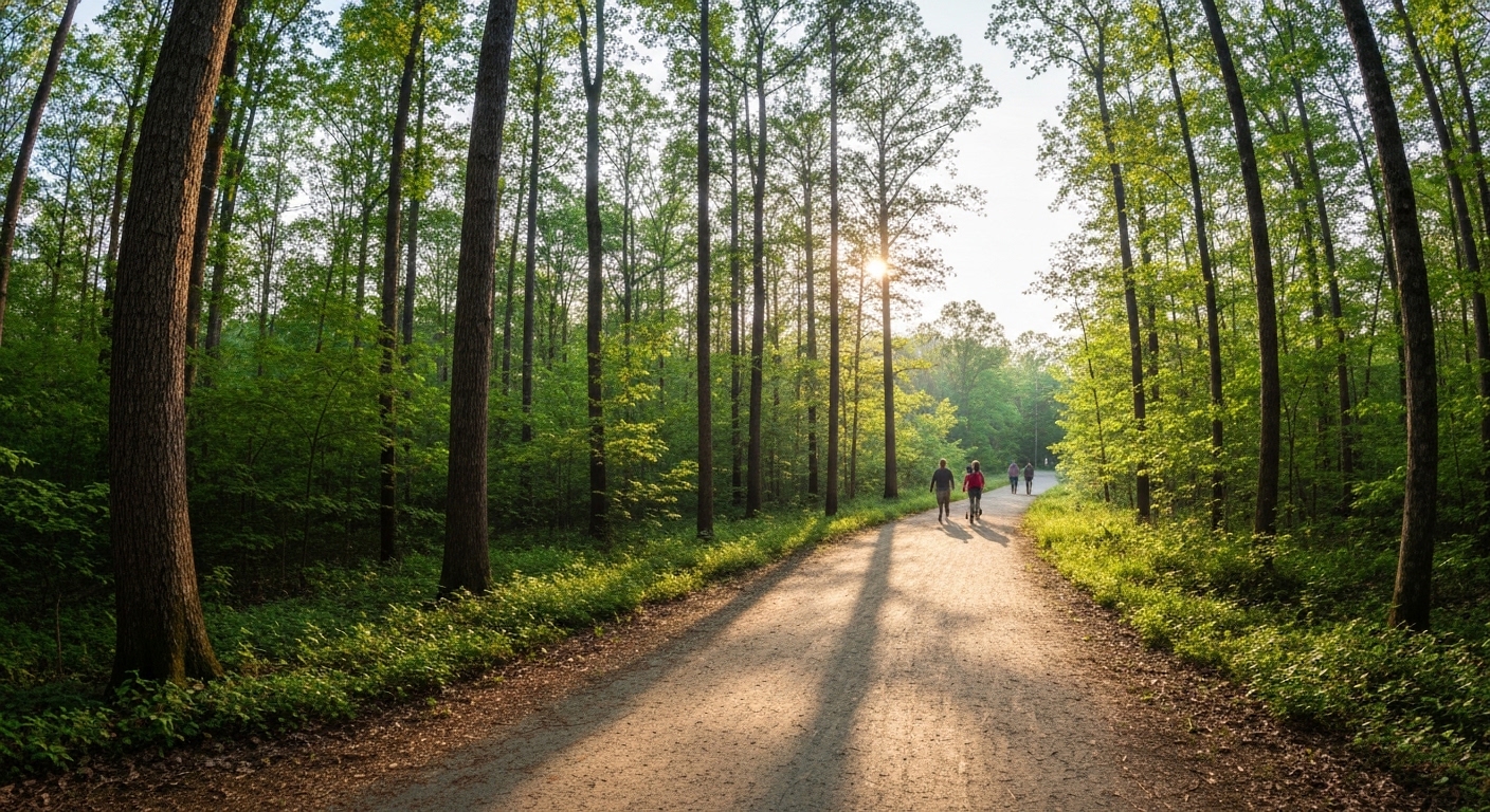 Cyclists and walkers using the paved Ecusta Trail greenway through wooded countryside near Hendersonville in Western North Carolina.