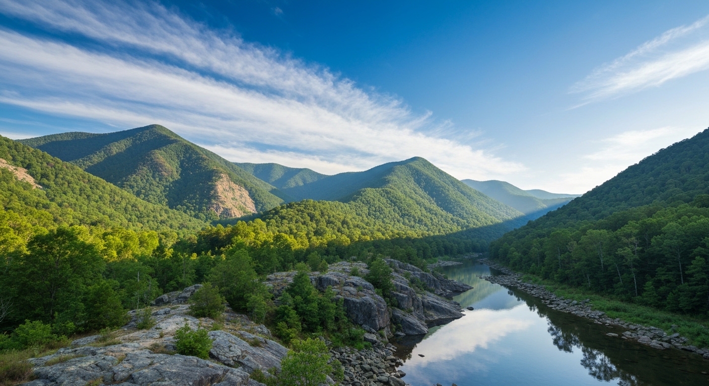 Layered blue ridges above the Cowee Valley and the Little Tennessee River north of Franklin, North Carolina, on a clear morning.
