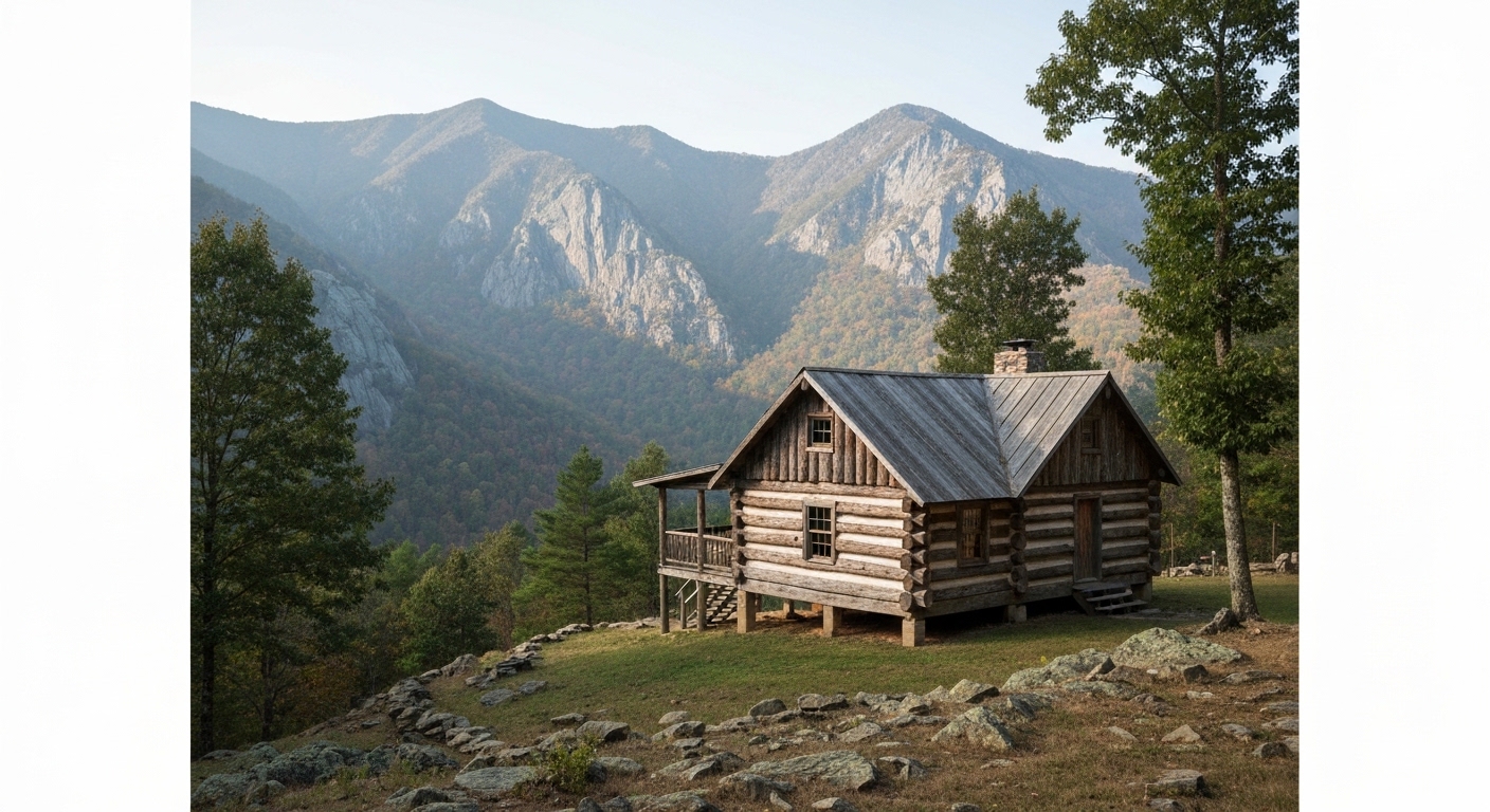 Weathered hand-hewn log cabin with a stone chimney sitting in a green Appalachian valley near Burnsville, North Carolina.