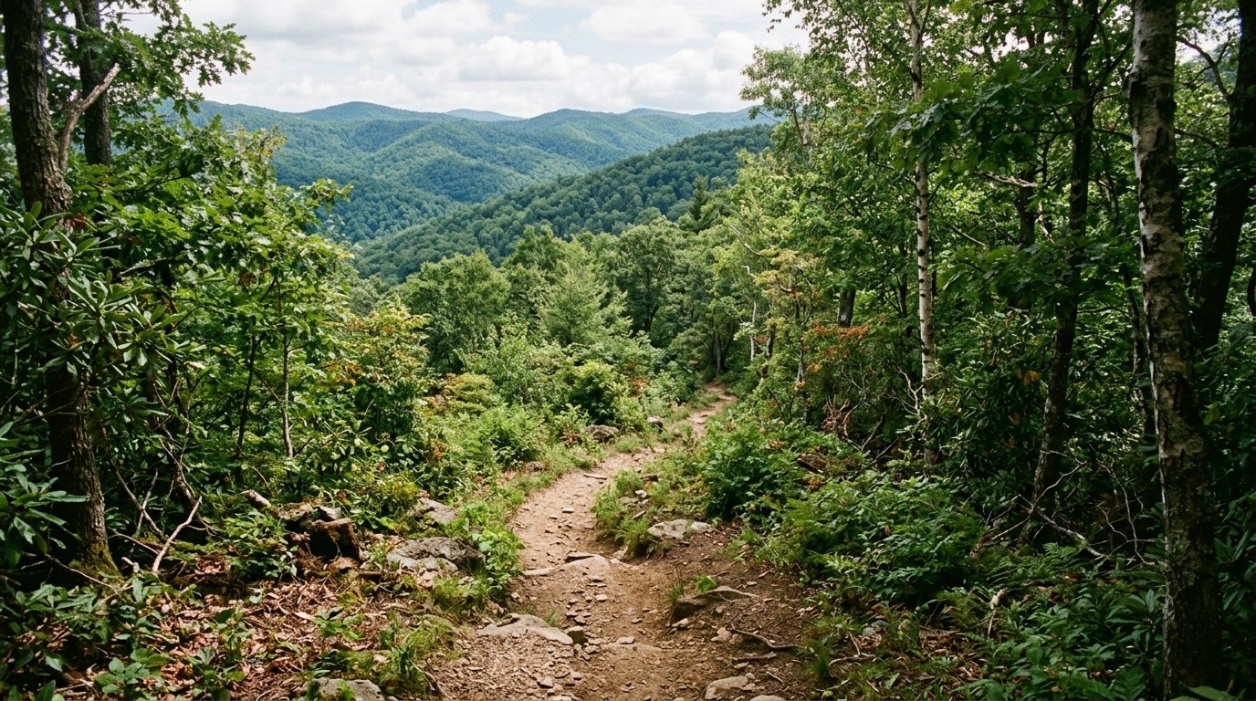 Dirt hiking trail winding through forest on a mountainside.