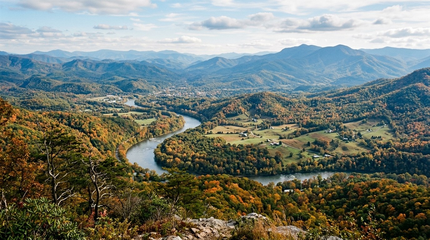 Forested mountain ridge overlooking the French Broad River Valley west of Asheville, North Carolina.