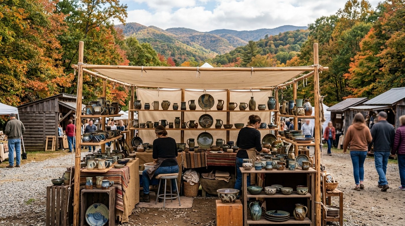 Handmade pottery and wooden pieces displayed at an outdoor artisan booth on a small-town street.