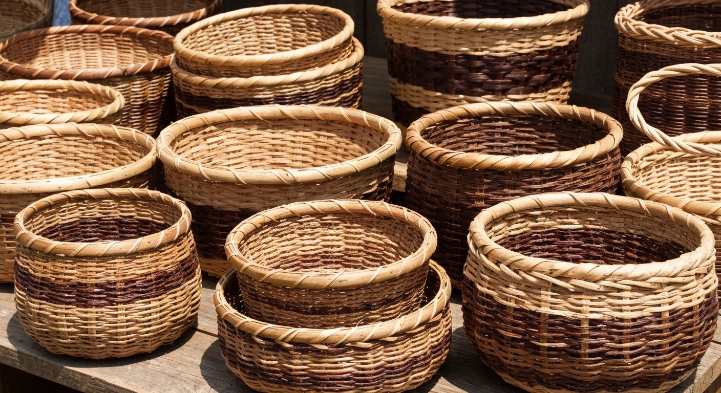 Handwoven baskets and traditional mountain crafts on display inside a log cabin shop in Dillsboro, North Carolina.