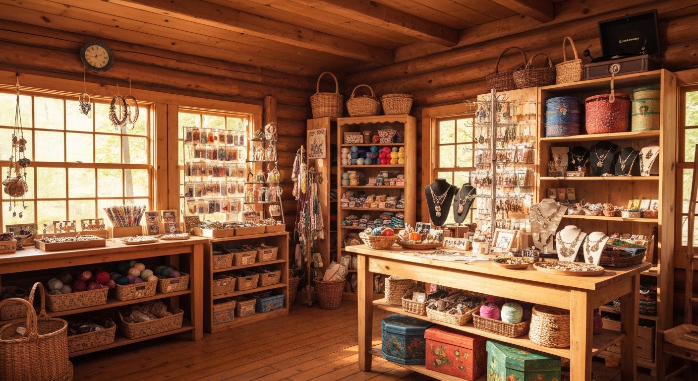 Interior of a historic log cabin craft cooperative filled with handmade goods in Dillsboro, Jackson County, North Carolina.