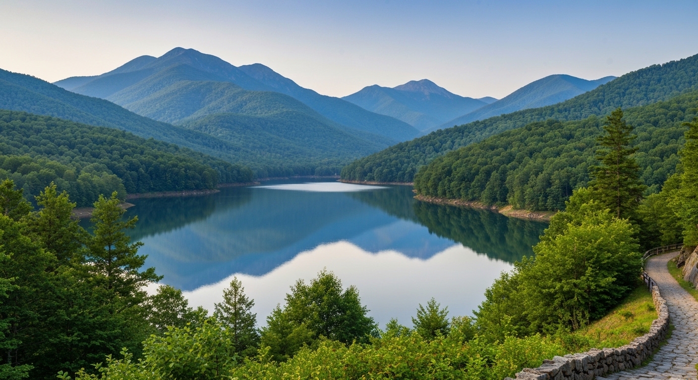 Calm waters of Lake Junaluska reflecting the Blue Ridge Mountains near Waynesville in Haywood County, North Carolina.