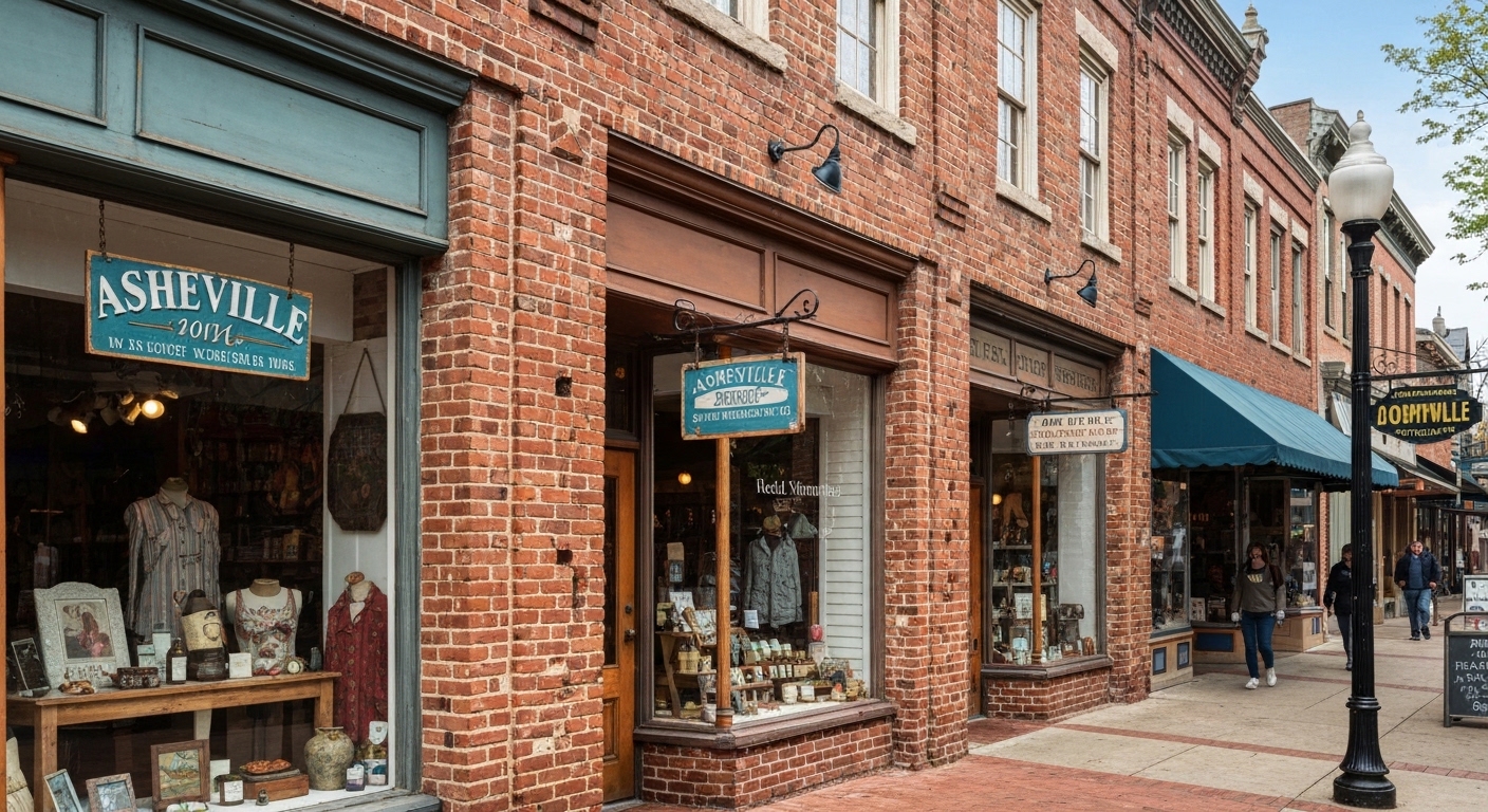 Historic brick storefronts along a narrow downtown Asheville street near Wall Street on a bright morning.